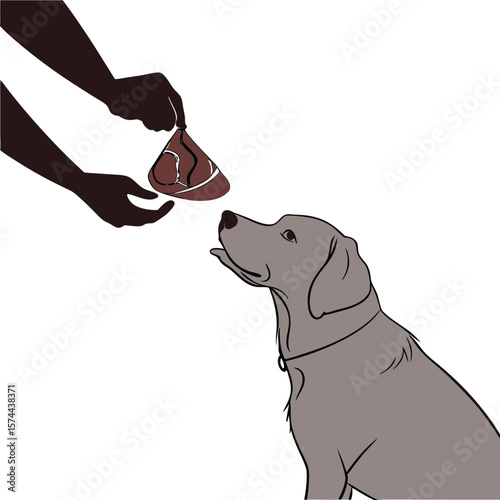 "Illustration of Dog Being Offered Raw Meat by Human Hand – Pet Feeding and Animal Care Concept Art"