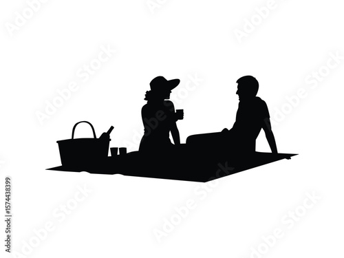 silhouette vector illustration of a man and woman having a picnic in the park isolated with white background