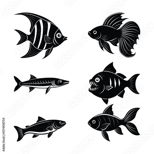 Collection of 6 black fish silhouette icons including tropical and freshwater species. Ideal for logos, educational material, fishing graphics, and marine design.