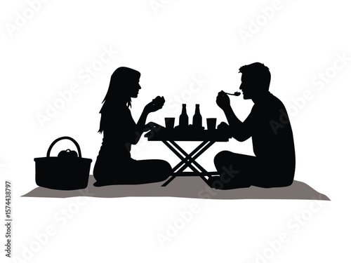 silhouette vector illustration of a man and woman having a picnic in the park isolated with white background 