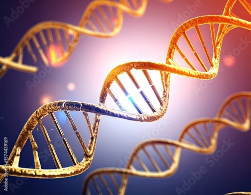 Golden DNA helixes in a vibrant background