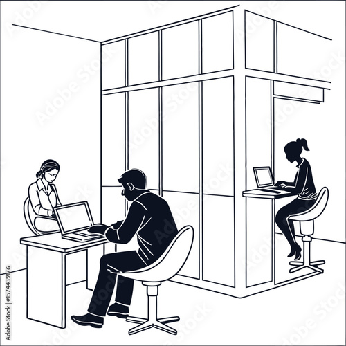 "Silhouette Illustration of People Working on Laptops in Modern Cafe or Co-Working Space – Remote Work and Freelance Concept Art"