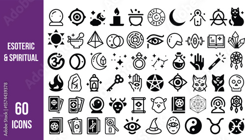 Esoteric & SpiritualCollection of 60 black and white icons representing spiritual, mystical, and esoteric symbols for design, apps, or branding.
