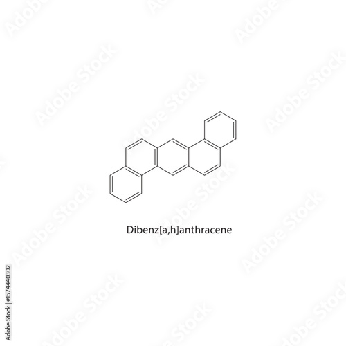 Dibenz[a,h]anthracene skeletal structure. Polycyclic aromatic compound schematic illustration. Simple diagram, chemical formula.