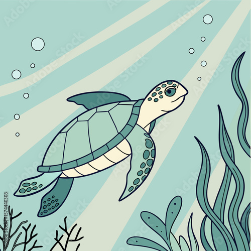 Cartoon sea turtle and diverse marine life in a seamless underwater world vector illustration