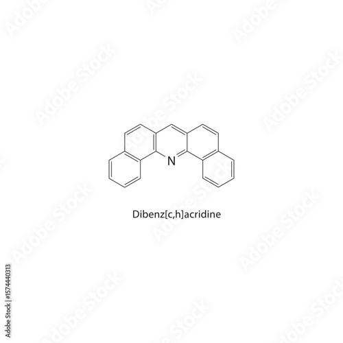 Dibenz[c,h]acridine skeletal structure. Polycyclic aromatic compound schematic illustration. Simple diagram, chemical formula.