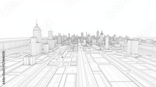 Minimalist city skyline illustration featuring wireframe design, showcasing buildings and streets in geometric layout