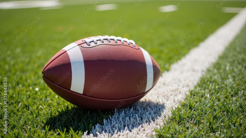 Obraz premium Close up of football resting on green field, showcasing texture and details of ball against white line