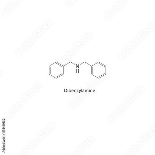 Dibenzylamine skeletal structure. Aromatic amine compound schematic illustration. Simple diagram, chemical formula.