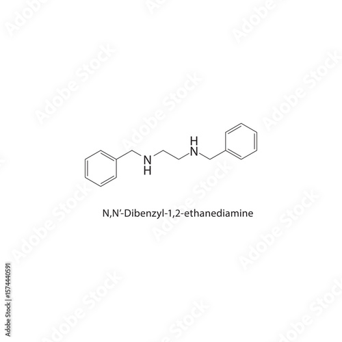 N,N’-Dibenzyl-1,2-ethanediamine skeletal structure. Diamine compound schematic illustration. Simple diagram, chemical formula.