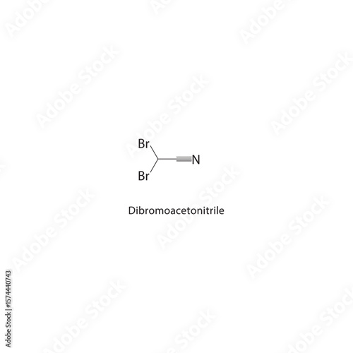 Dibromoacetonitrile skeletal structure. Halogenated nitrile compound schematic illustration. Simple diagram, chemical formula.