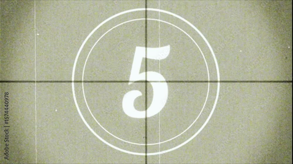 10 seconds to 0 vintage film countdown on white with vignette faded black background. Old retro wipe rolling effect. Scratches, details and noise. Dusty and grainy feel. 4K motion graphic 
