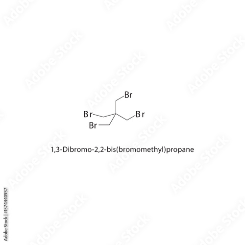 1,3-Dibromo-2,2-bis(bromomethyl)propane skeletal structure. Halogenated alkane compound schematic illustration. Simple diagram, chemical formula.