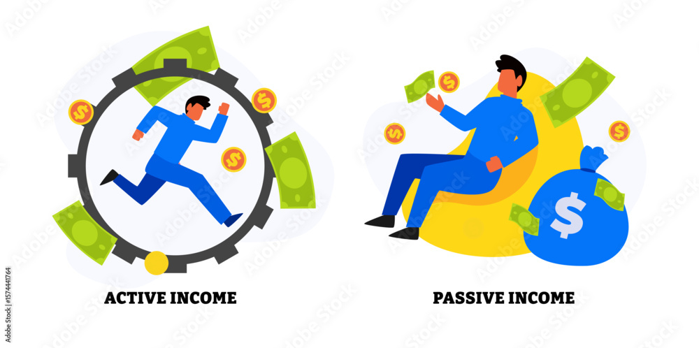Active Income and Passive Income concept with man character gesture, earned through effort or output, Commerce activity and financial growth, increase in earnings, cartoon flat illustration Active Income and Passive Income concept with man character gesture, earned through effort or output, Commerce activity and financial growth, increase in earnings, cartoon flat illustration