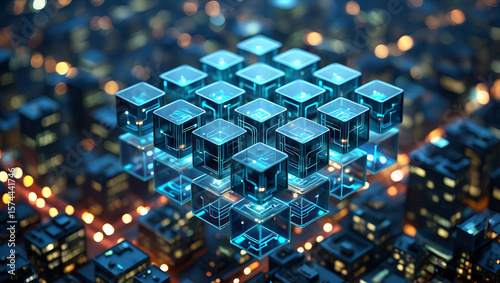 Futuristic glowing cubes network over cityscape technology digital