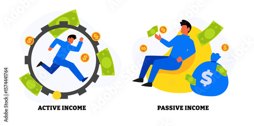 Active Income and Passive Income concept with man character gesture, earned through effort or output, Commerce activity and financial growth, increase in earnings, cartoon flat illustration