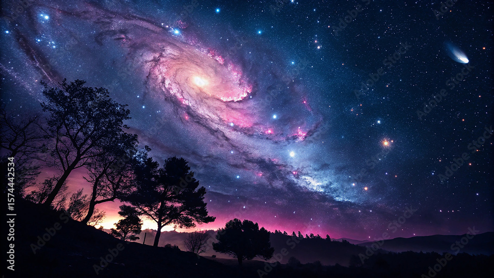 Naklejka premium Majestic spiral galaxy with stars and trees under a twilight sky night sky cosmos 1