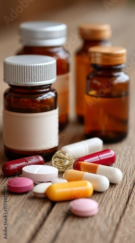 Multicolored Pills and Capsules Scattered on a Wooden Table Next to Medicine Bottles, Healthcare and Pharmaceutical Concept