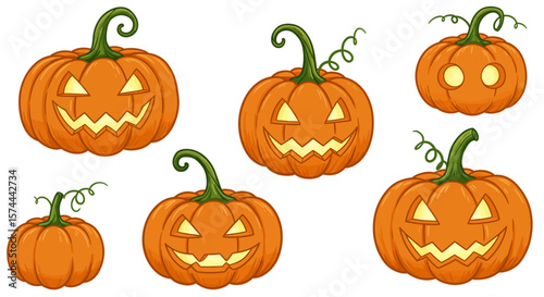 Colorful crayon-drawn collection of angry pumpkins, kid’s drawing on transparent PNG background

