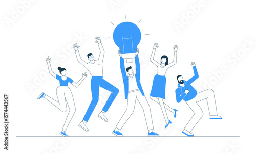 Vector illustration of a happy business team celebrating a new idea, with a leader holding a glowing lightbulb. Concept of teamwork, creativity, innovation, energy, communication and corporate success