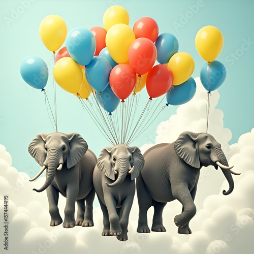 Elephants floating with balloons in a cloudy sky