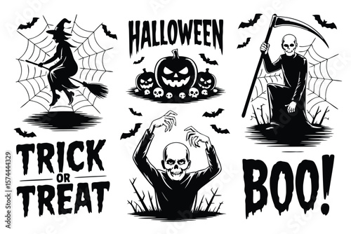 Black and White Halloween Silhouettes Witch, Grim Reaper, Pumpkins, Skeleton, Bats, and Trick or Treat