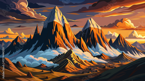 Mount Kenya, Kenya – Glacial peaks rise above rugged slopes dotted with moorland. Wisps of cloud drift, blending cold stone and warmth of sunrise.