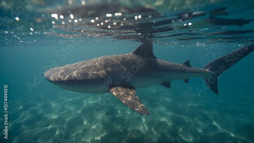 Graceful shark swims in clear turquoise water, sunlight dances on its skin