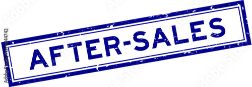 Grunge blue after sales word square rubber seal stamp on white bacckground