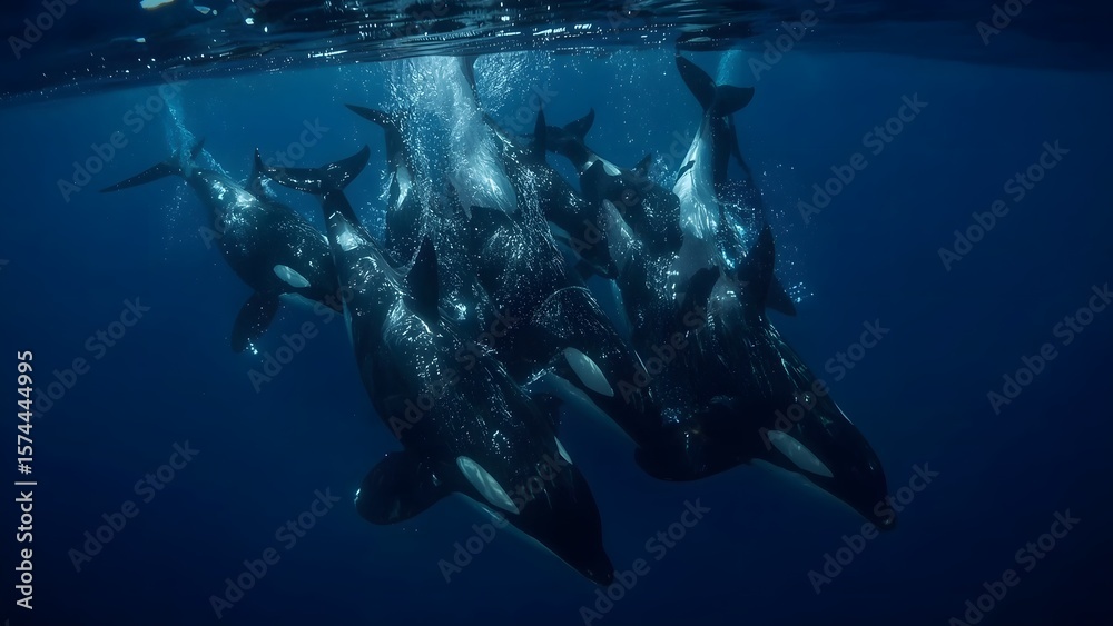Fototapeta premium Pod of Orcas Swimming Together in Deep Blue Ocean Waters, Underwater View