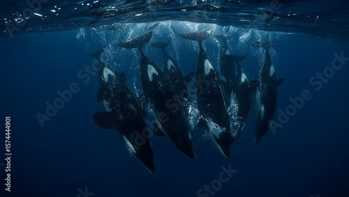 Orcas in Deep Water, Underwater Group Portrait