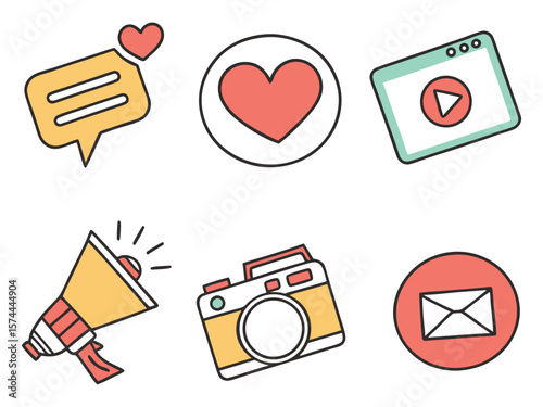 Social Media Icons Hearts, Messages, Camera, and More