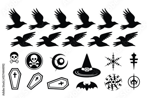 Halloween Icon Set with Ravens, Skull, Coffins, Witch Hat, Bat, and Magic Symbols