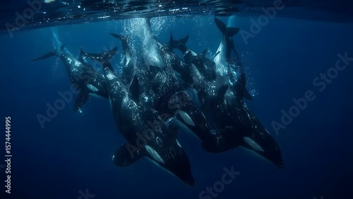 Pod of Orcas Swimming Together in Deep Blue Ocean Waters, Underwater View