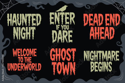 Halloween with Spooky Phrases like Haunted Night and Ghost Town Isolated on Black
