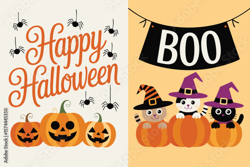 Happy Halloween Illustration Jacko'lanterns, Spiders and Cute Cats in Witch Hats with a Boo Banner