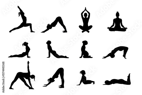 Silhouettes of people performing various yoga poses stretching flexibility