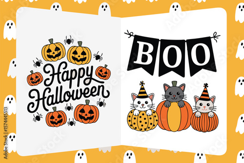 Open Book Featuring Halloween Art Happy Halloween Pumpkins, Spiders, Cats in Pumpkins with Party Hats