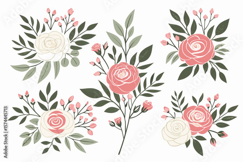 Elegant digital illustration of floral arrangements featuring various blooming flowers and greenery—ideal for wedding invites, decor, branding, and stationery.