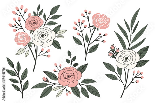 Elegant digital illustration of floral arrangements featuring various blooming flowers and greenery—ideal for wedding invites, decor, branding, and stationery.