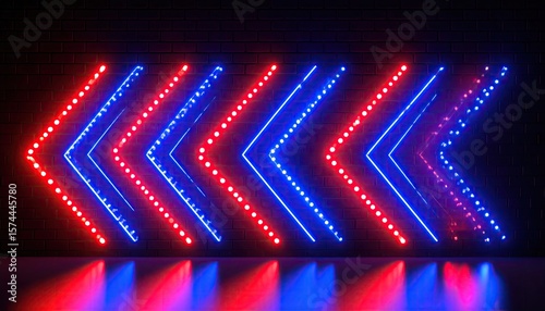 Neon arrows on a dark brick wall