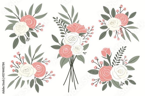 Elegant digital illustration of floral arrangements featuring various blooming flowers and greenery—ideal for wedding invites, decor, branding, and stationery.