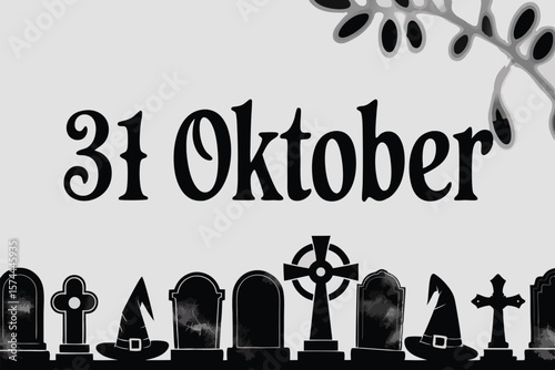 Spooky 31 Oktober Black and White Halloween Design with Tombstones and Witch Hat