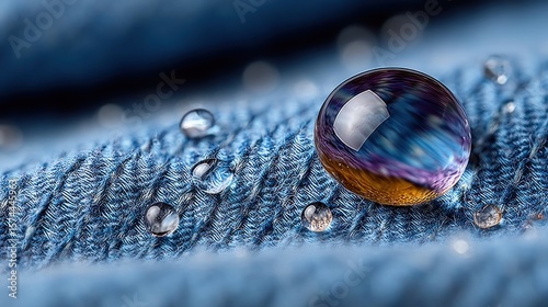 Water-resistant denim fabric closeup; droplets, texture