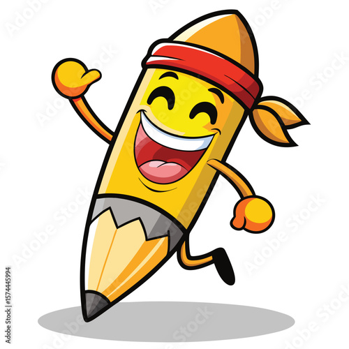 Cartoon pencil character running, smiling, and wearing a headband