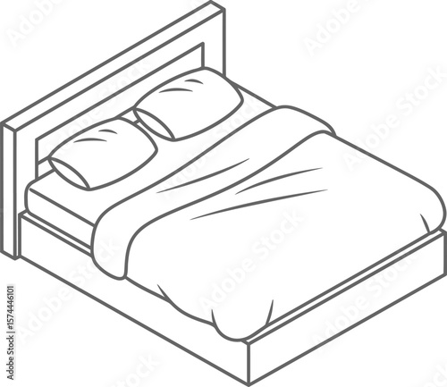 An isometric drawing of a double bed with pillows and a blanket, representing comfort and rest