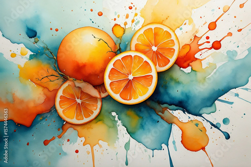 Vibrant oranges and citrus slices with abstract watercolor splashes fruit