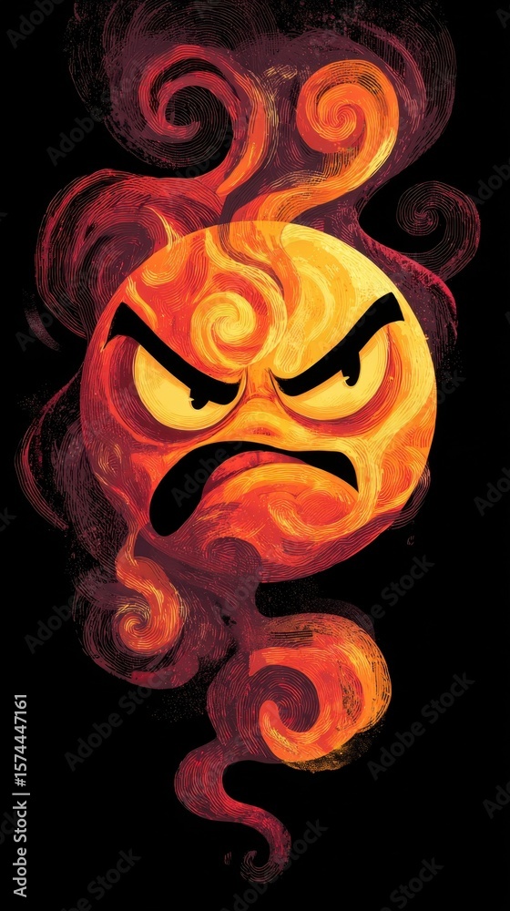 Naklejka premium Vibrant illustration of an expressive angry emoji featuring a swirling steam effect to convey anger or displeasure in social media posts and editorial content.
