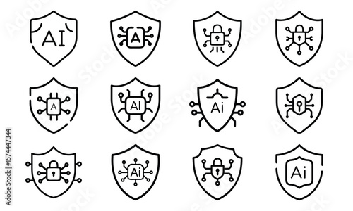 Collection of ai and cybersecurity shield icons representing data protection and technology security
