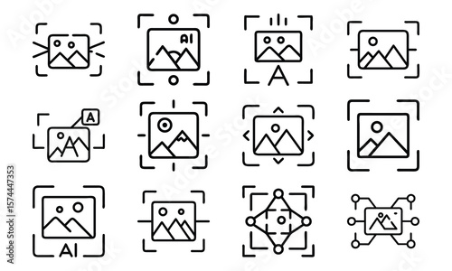 Collection of minimalist icon set depicting image processing and artificial intelligence concepts